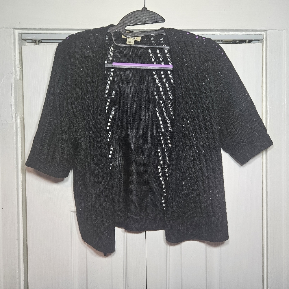 ONE WORLD Black Open-Front Cropped Shrug Cardigan Sweather - Large